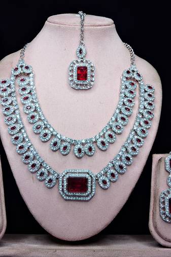 Maroon rhodium premium designer american diamond and stone work necklace set