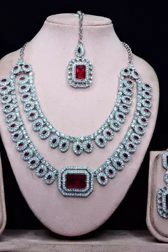 Maroon rhodium premium designer american diamond and stone work necklace set