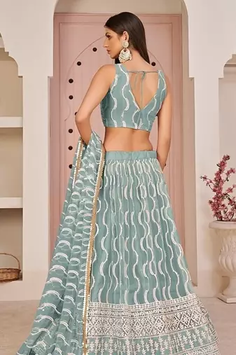 Sea Green Net Embroidered & Zari Work Semi Stitched Lehenga Choli