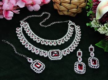 Maroon rhodium premium designer american diamond and stone work necklace set 2