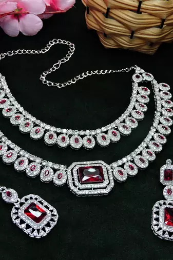 Maroon rhodium premium designer american diamond and stone work necklace set