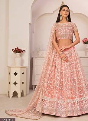 Light Pink Net Embroidered & Zari Work Semi Stitched Lehenga Choli 1