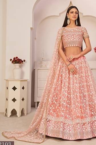 Light Pink Net Embroidered & Zari Work Semi Stitched Lehenga Choli