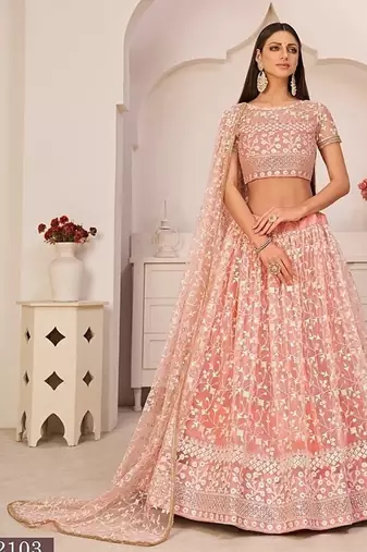 Light Pink Net Embroidered & Zari Work Semi Stitched Lehenga Choli