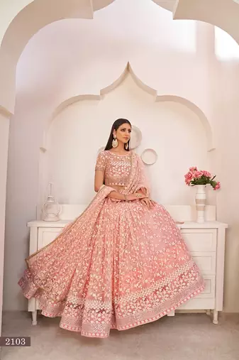 Light Pink Net Embroidered & Zari Work Semi Stitched Lehenga Choli