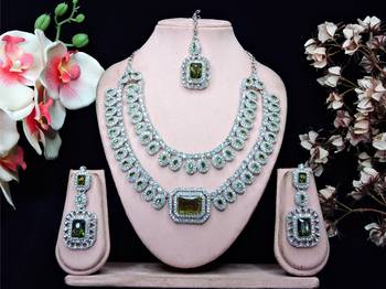 Green rhodium premium designer american diamond and stone work necklace set 1
