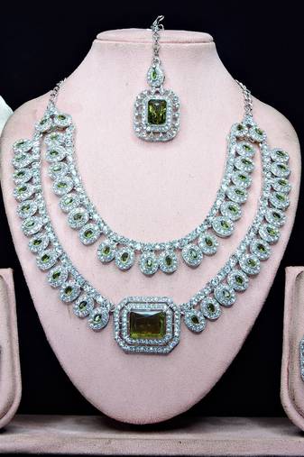 Green rhodium premium designer american diamond and stone work necklace set