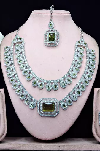 Green rhodium premium designer american diamond and stone work necklace set