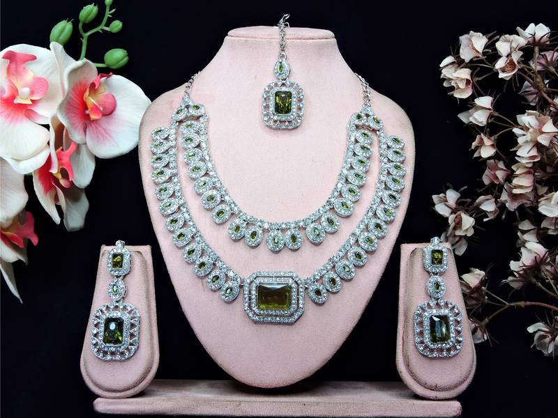 Green rhodium premium designer american diamond and stone work necklace set