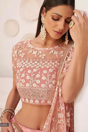 Light Pink Net Embroidered & Zari Work Semi Stitched Lehenga Choli