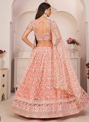 Light Pink Net Embroidered & Zari Work Semi Stitched Lehenga Choli 4