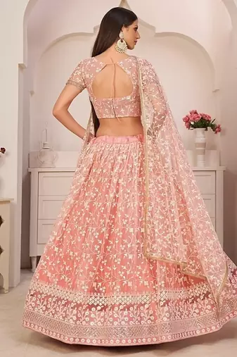 Light Pink Net Embroidered & Zari Work Semi Stitched Lehenga Choli