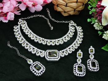 Green rhodium premium designer american diamond and stone work necklace set 2