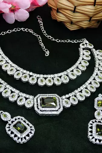 Green rhodium premium designer american diamond and stone work necklace set