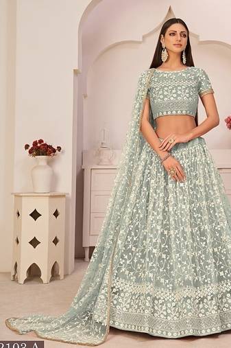 Light Green Net Embroidered & Zari Work Semi Stitched Lehenga Choli