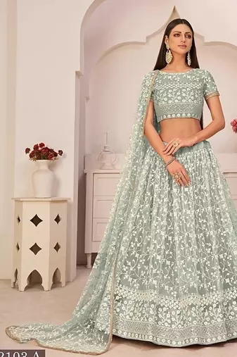 Light Green Net Embroidered & Zari Work Semi Stitched Lehenga Choli