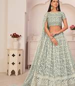 Light Green Net Embroidered & Zari Work Semi Stitched Lehenga Choli