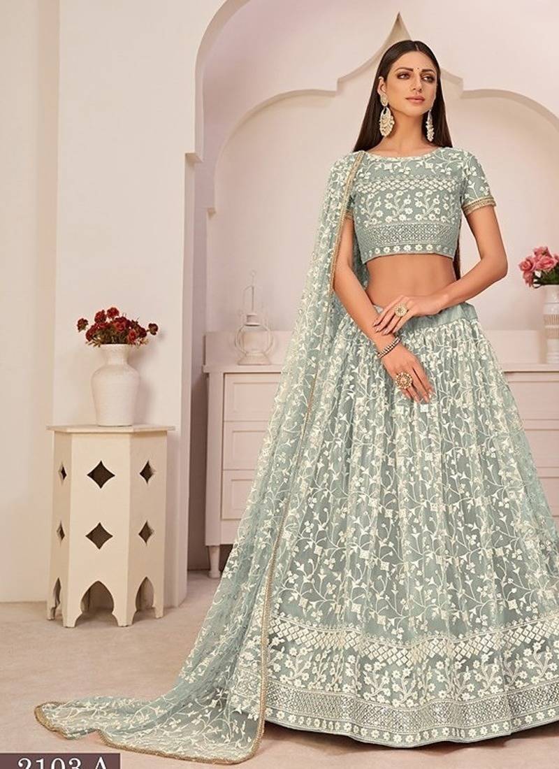 Light Green Net Embroidered & Zari Work Semi Stitched Lehenga Choli