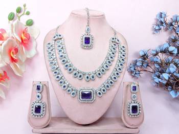 Blue rhodium premium designer american diamond and stone work necklace set 1