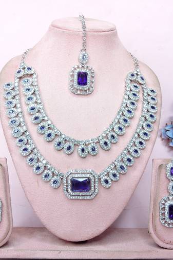 Blue rhodium premium designer american diamond and stone work necklace set