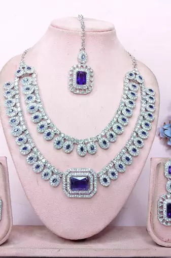 Blue rhodium premium designer american diamond and stone work necklace set