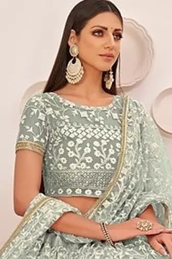 Light Green Net Embroidered & Zari Work Semi Stitched Lehenga Choli