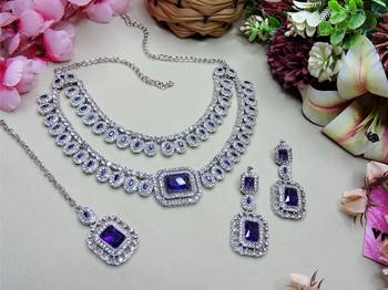 Blue rhodium premium designer american diamond and stone work necklace set 2