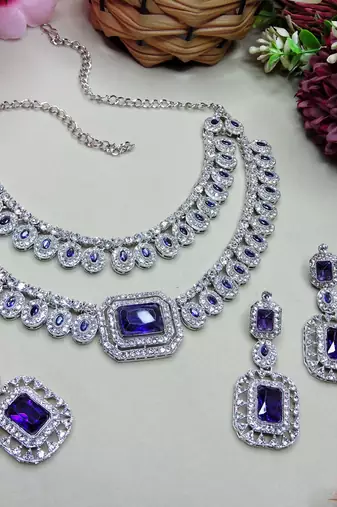 Blue rhodium premium designer american diamond and stone work necklace set