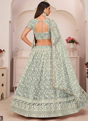 Light Green Net Embroidered & Zari Work Semi Stitched Lehenga Choli 4