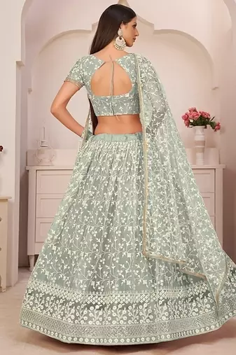 Light Green Net Embroidered & Zari Work Semi Stitched Lehenga Choli