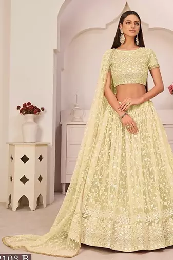 Yellow Net Embroidered & Zari Work Semi Stitched Lehenga Choli