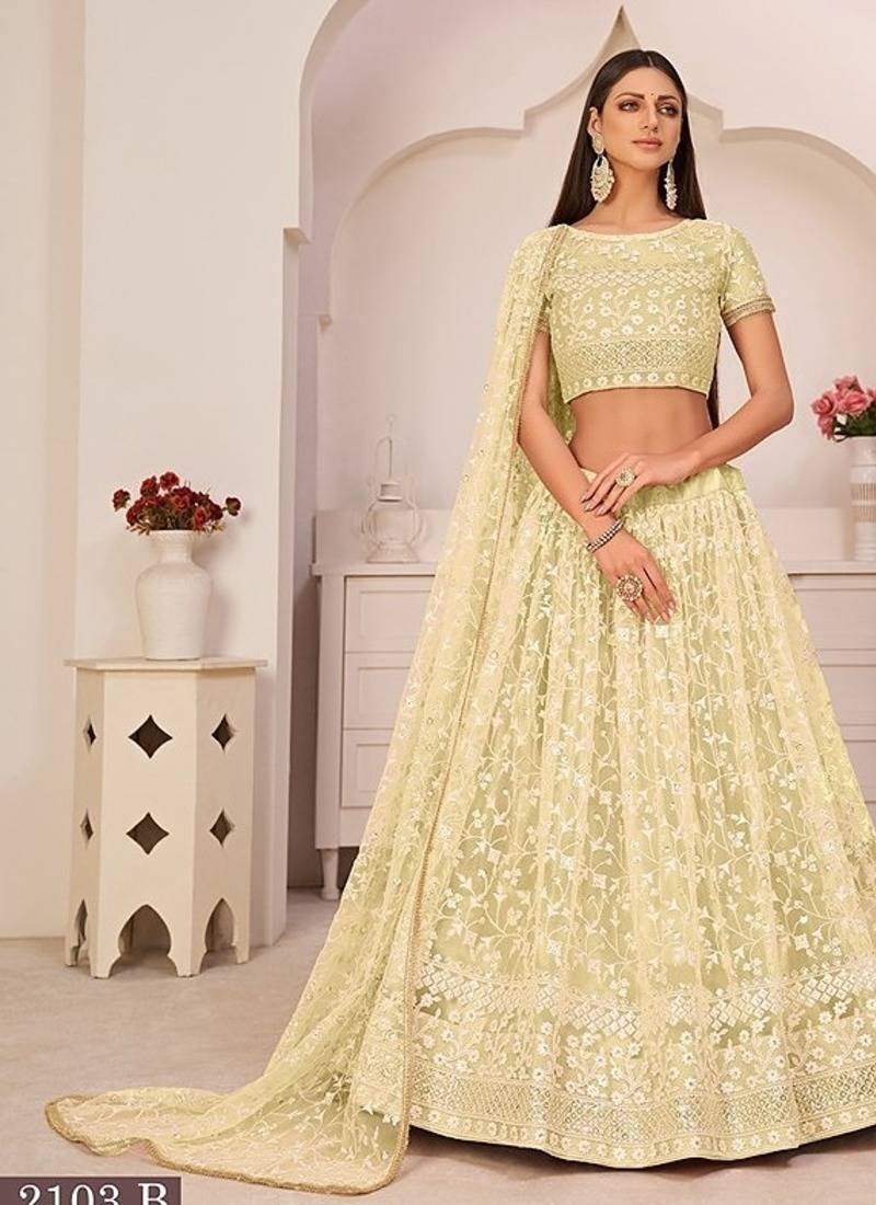 Yellow Net Embroidered & Zari Work Semi Stitched Lehenga Choli