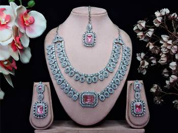 Pink rhodium premium designer american diamond and stone work necklace set 1