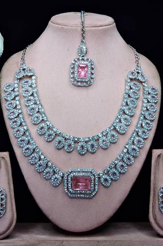 Pink rhodium premium designer american diamond and stone work necklace set