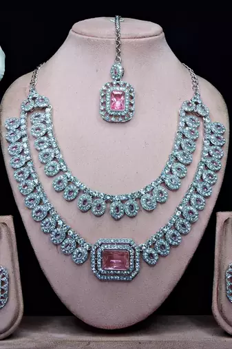 Pink rhodium premium designer american diamond and stone work necklace set