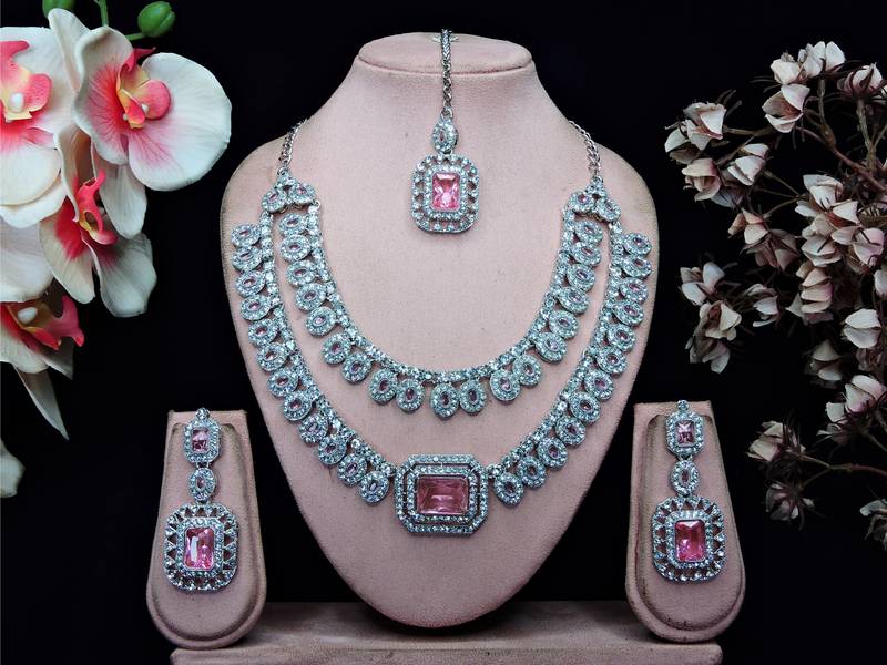 Pink rhodium premium designer american diamond and stone work necklace set