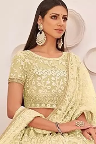 Yellow Net Embroidered & Zari Work Semi Stitched Lehenga Choli
