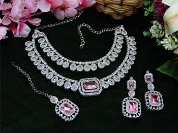 Pink rhodium premium designer american diamond and stone work necklace set 2
