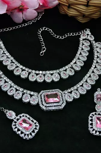 Pink rhodium premium designer american diamond and stone work necklace set
