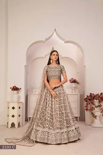 Brown Net Embroidered & Zari Work Semi Stitched Lehenga Choli