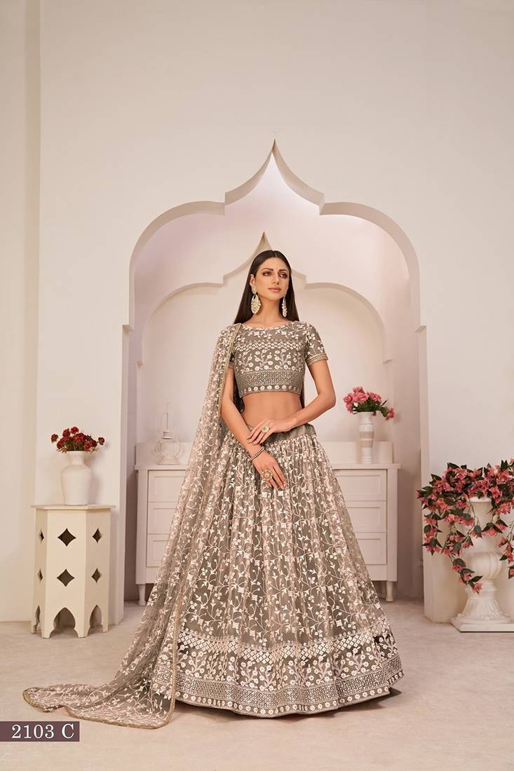 Brown Net Embroidered & Zari Work Semi Stitched Lehenga Choli
