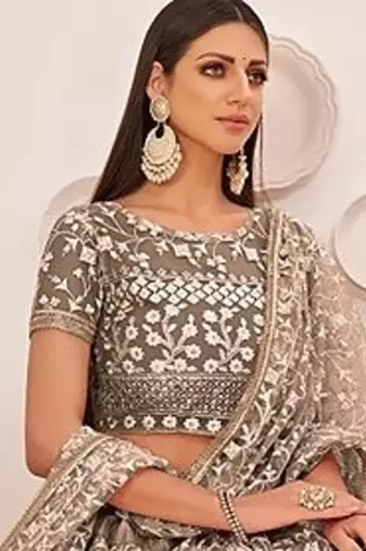 Brown Net Embroidered & Zari Work Semi Stitched Lehenga Choli