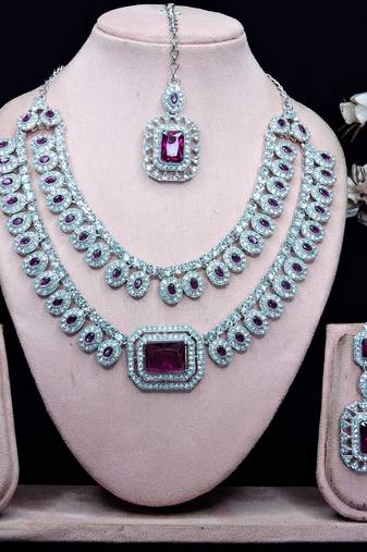 Purple rhodium premium designer american diamond and stone work necklace set