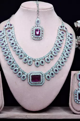 Purple rhodium premium designer american diamond and stone work necklace set