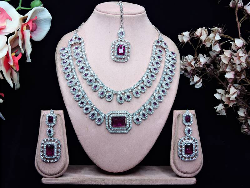 Purple rhodium premium designer american diamond and stone work necklace set