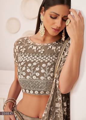Brown Net Embroidered & Zari Work Semi Stitched Lehenga Choli 3