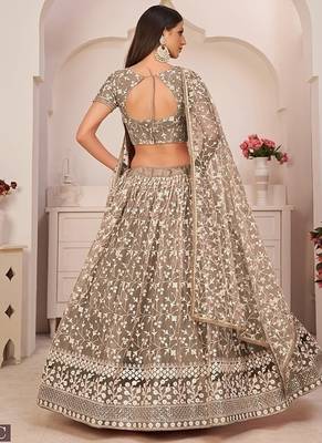 Brown Net Embroidered & Zari Work Semi Stitched Lehenga Choli 4