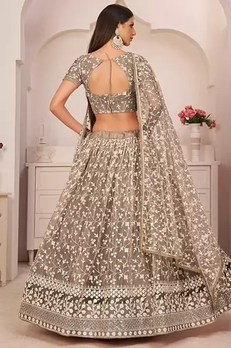 Brown Net Embroidered & Zari Work Semi Stitched Lehenga Choli