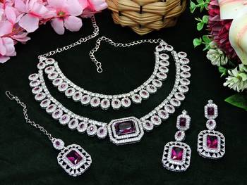 Purple rhodium premium designer american diamond and stone work necklace set 2