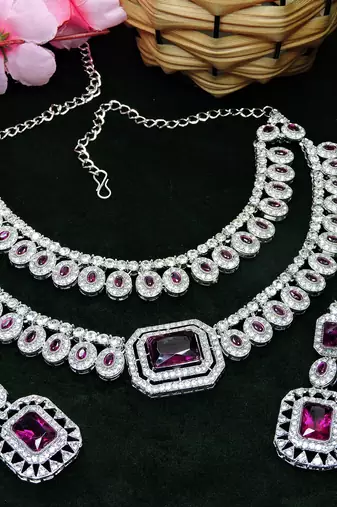Purple rhodium premium designer american diamond and stone work necklace set